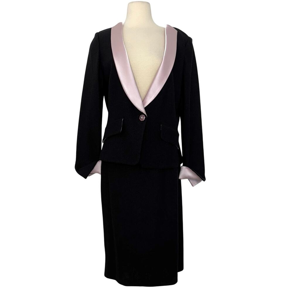 St. John Knit Skirt Suit 2 Pc Set Black with Satin Pink Trim (Blazer 12/Skirt 8)